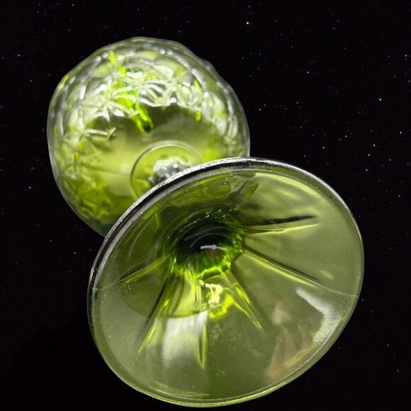 Indiana Art Glass Pedestal Tall Cup Bowl Diamond Avocado Green Duette 9”T 5”W - Picture 8 of 10
